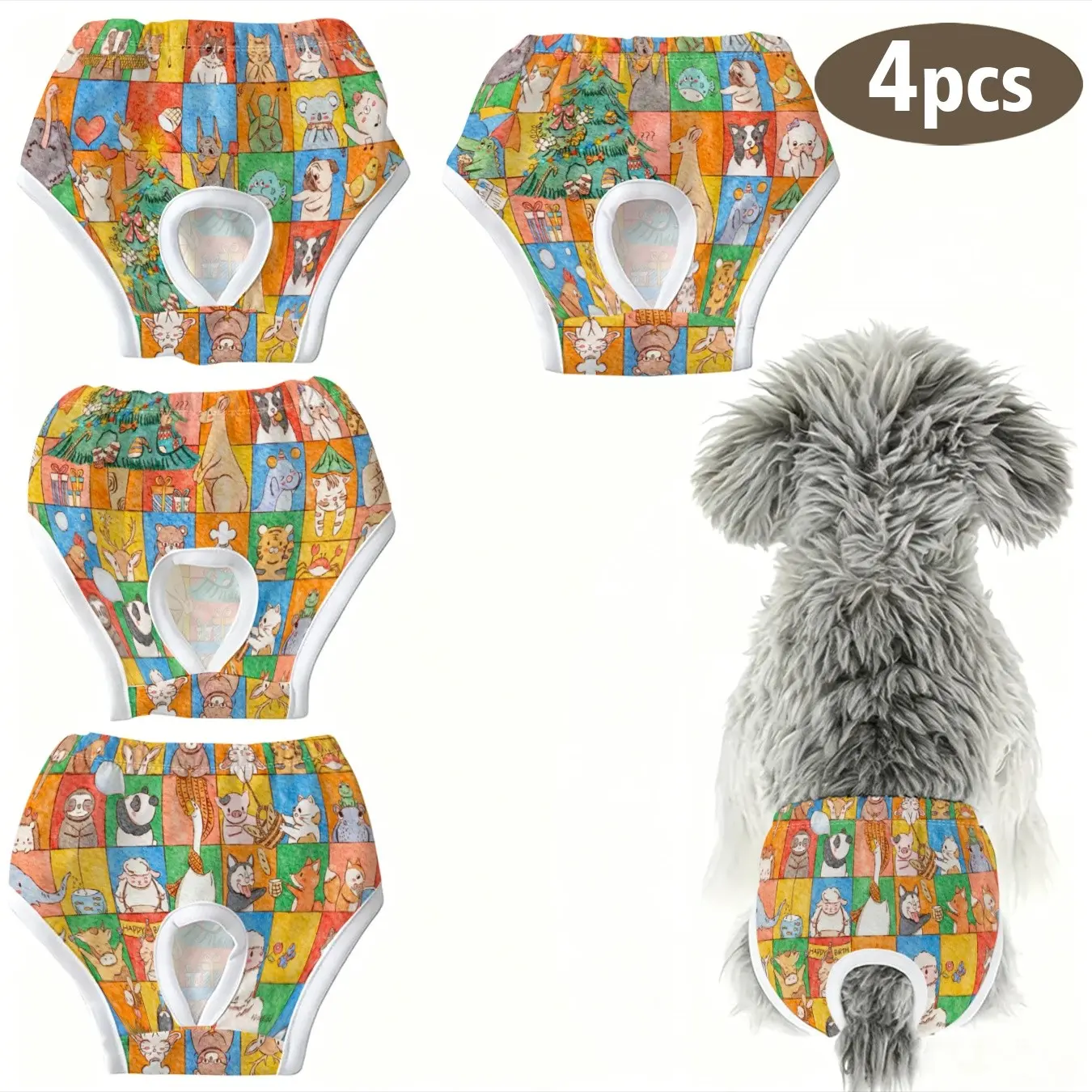 4-Pack Cute Pet Dog Cat Panties, Hand-Drawn Cartoon Print, Anti-Pick Pocket Underwear for Small Dogs and Cats, Ideal for Holidays, Home, Travel