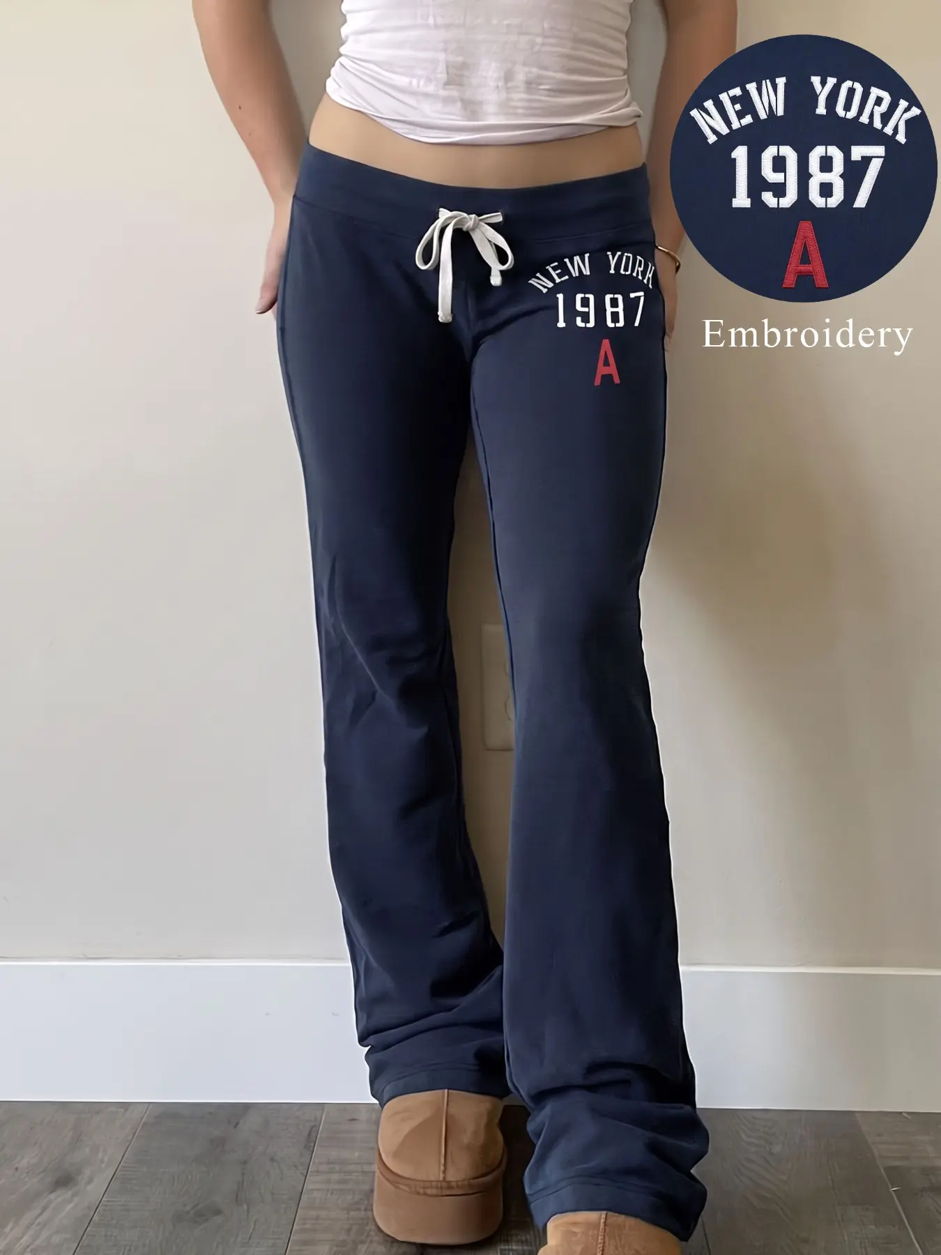 Women's Navy NEW YORK 1987 Embroidery Low Waist Flare Sweatpants, Soft Knit Y2K Vintage Slim Bootcut Casual Pants