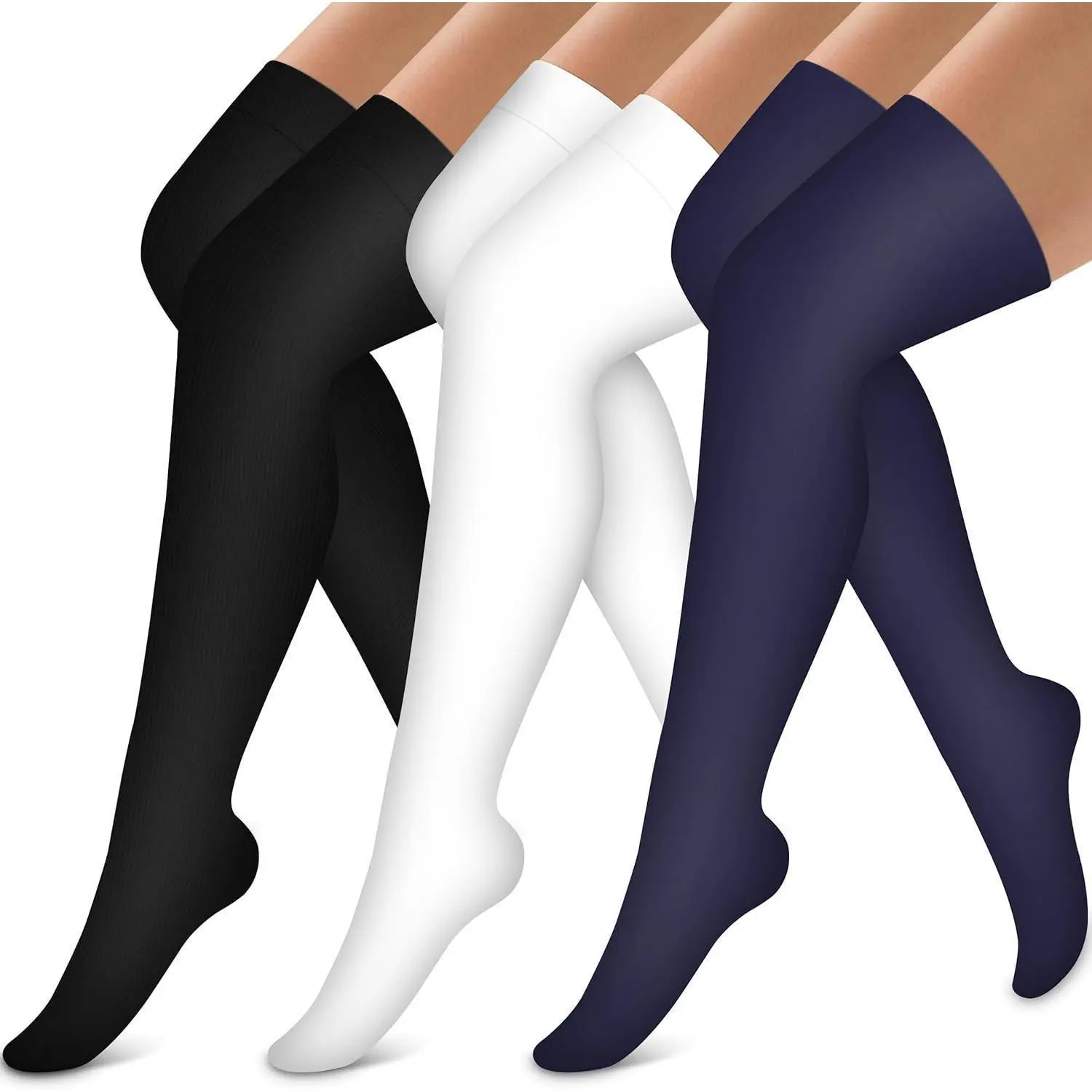 Unisex Thigh-High Copper Targeted Compression Stockings (3 Pairs) - 15-20mmHg Graduated Support, Nylon-Polyester Blend, Polyester Athletic Socks, Sports Tight Socks, Wide Top Band, Zebra Stripe, All Seasons, Machine Washable, Running Focus, for Adults