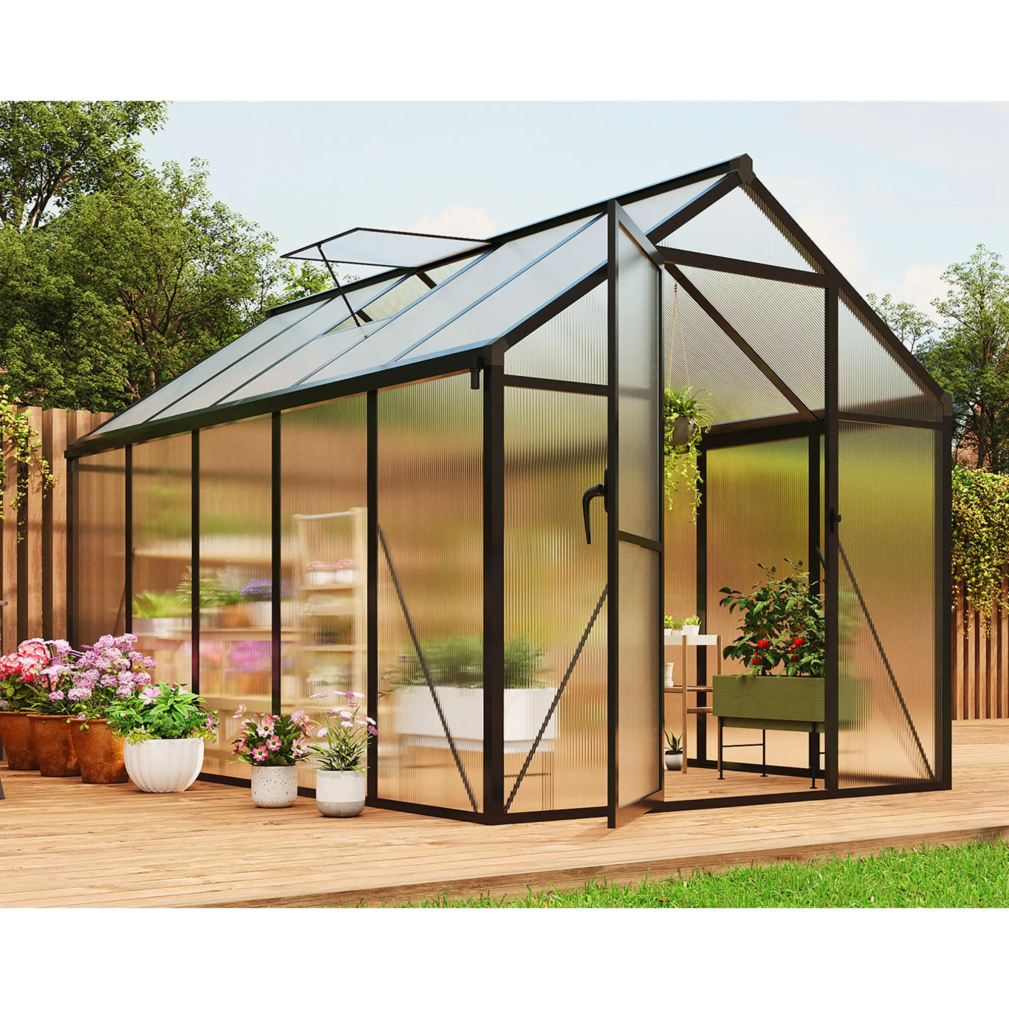 OP-6x10 Ft Outdoor Greenhouses, Aluminum Frame Polycarbonate Material, Accessible Greenhouses with Roof Vents and Sliding Doors, Large Greenhouse for Outdoor Gardens and Backyards