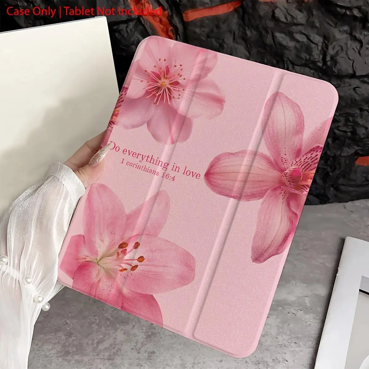 This pink lily-themed case features an adjustable stand and pencil holder, and is made of foldable, non-slip TPU material. It's suitable for Samsung, iPad mini, iPad Air, iPad Pro/iPad 10th and 11th generation iPads.