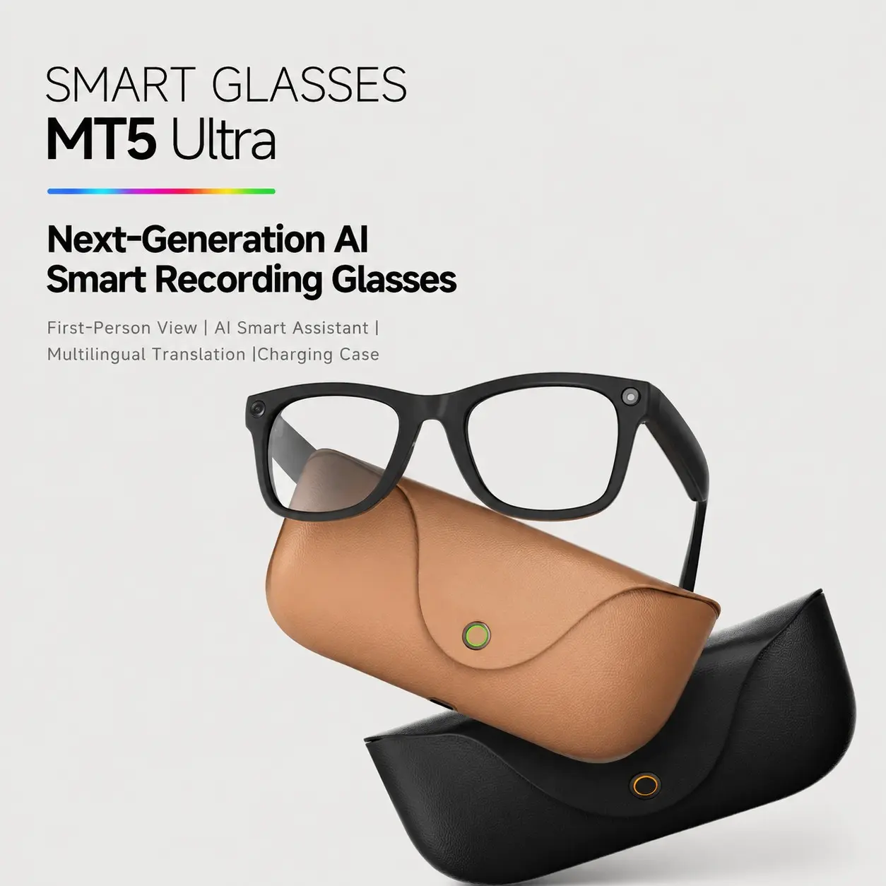 Sunglasses Men with 8MP HD Camera, Dual Lenses Included, Open-Ear Audio, Real-Time Translation, Voice Assistant, Leather Charging Case, Smart Recording Glasses for Travel Daily Use