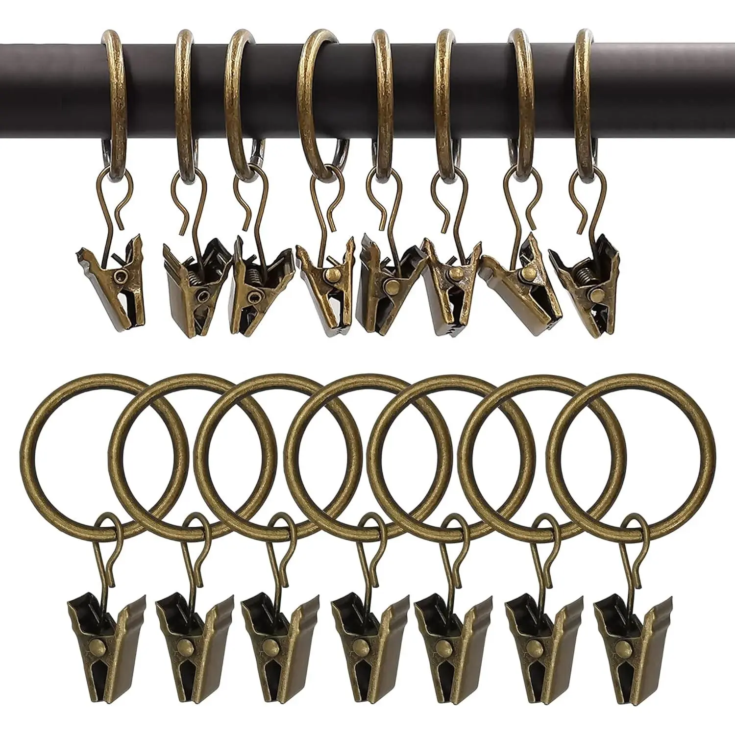 Curtain Rings with Hooks Set - Heavy Duty Metal Drapery Hooks & Eyelet Rings for Window, Shower, Door - Rustproof & Smooth Gliding Curtain Rod Rings, 5/8 to 3/4 Inch Internal Diameter 14 Pack