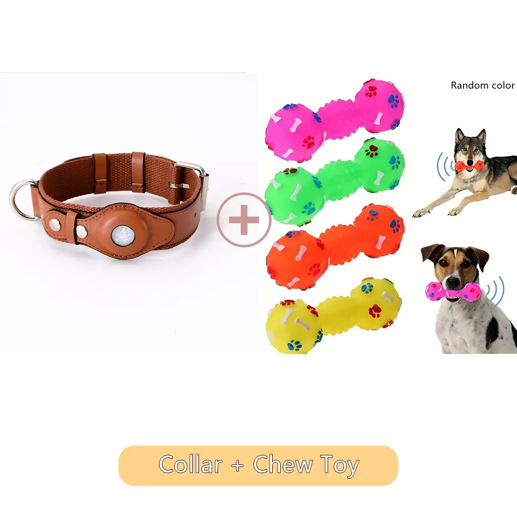 Leather Pet Collar Set with Chewable Sound Toy, Airtag Compatible, Adjustable Collars & Durable, Interactive Dog Toy for Daily Use