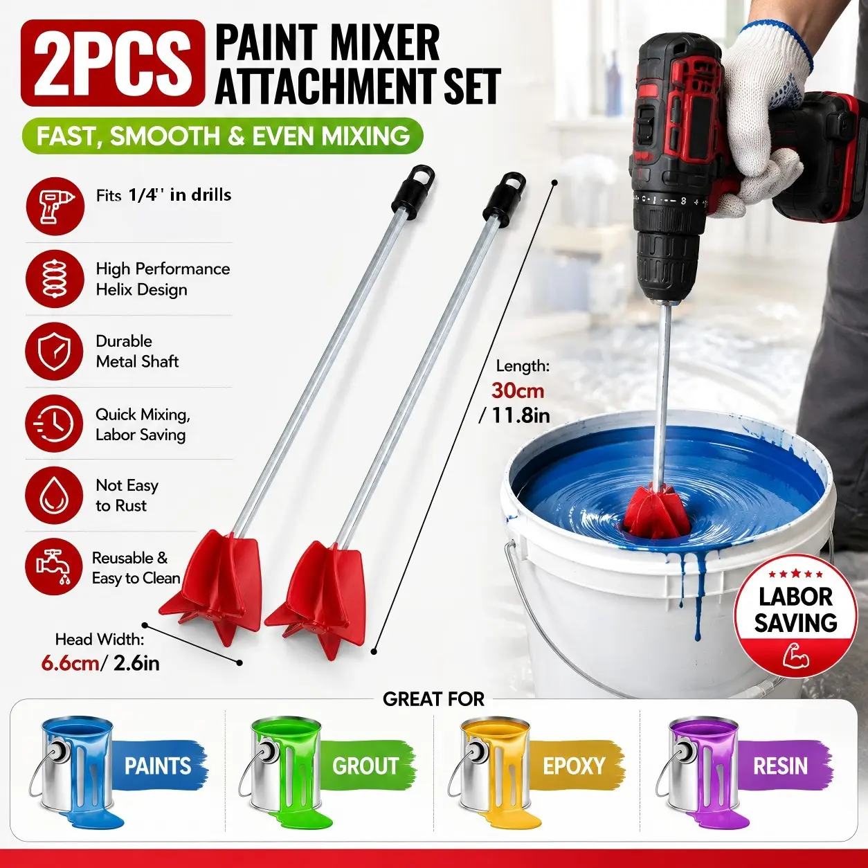 2-Piece Paint Mixer Drill Attachment Set, Universal Liquid Mixer for Paint, Epoxy, Resin, Silicone, Compatible with 1/4 Inch Drills