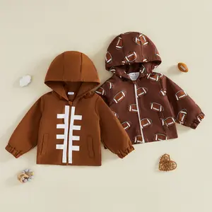 Toddler Baby Little Boys Hooded Jacket Football Print Long Sleeve Zip Up Fall Coat 6M-4T