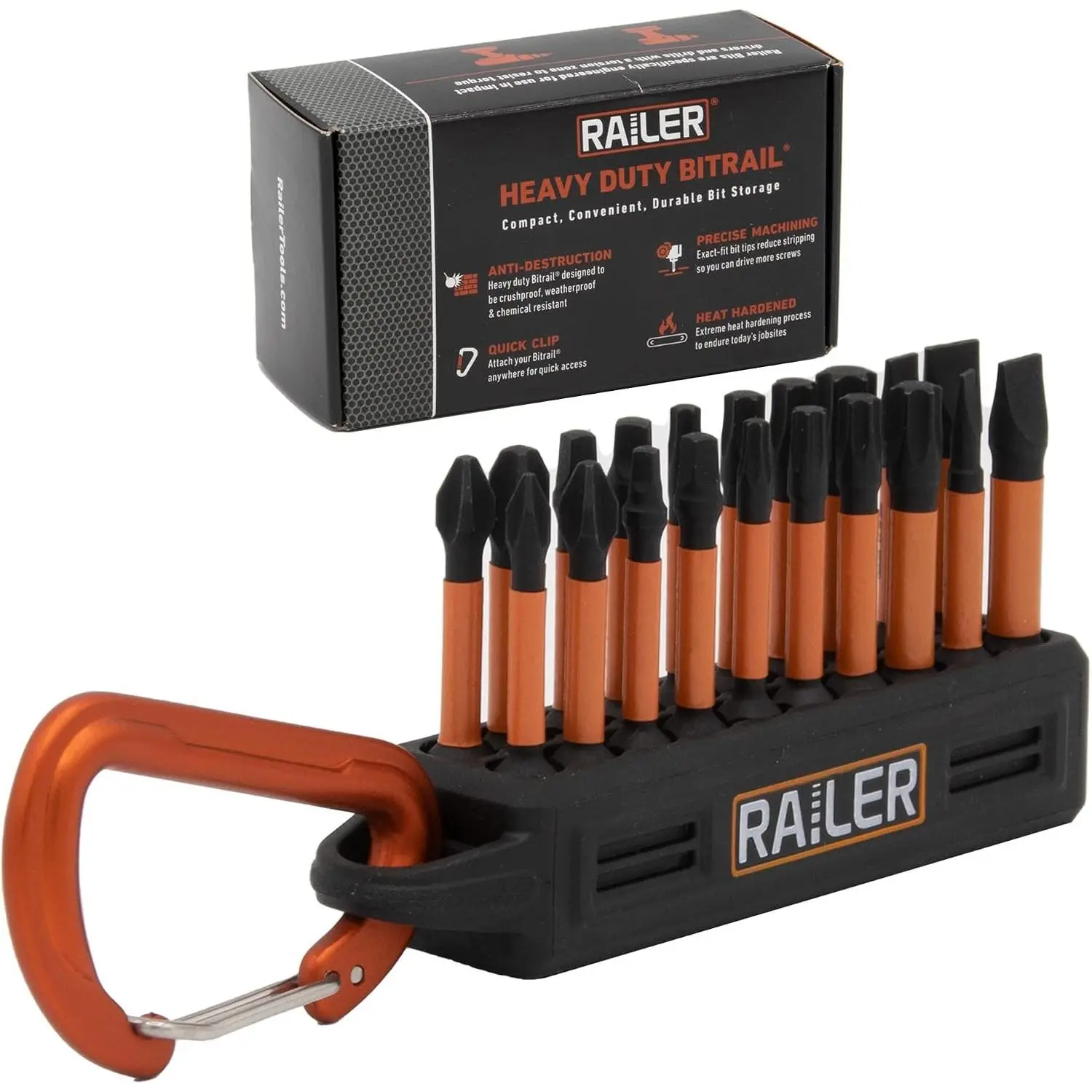 Railer 20pc Impact Driver Bit Set - Premium S2 Steel Screwdriver Bits with Torx, Hex, Phillips, Square & Slotted - Heavy Duty 1/4" Hex Shank Bits with Crushproof Storage Bit Holder & Carabiner Clip