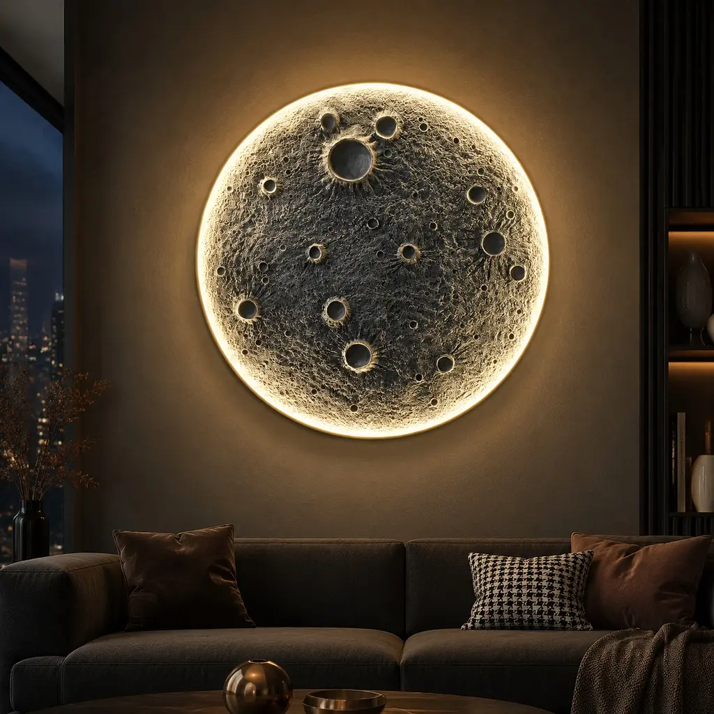 ARCH 48-Inch Resin Moon Wall Sconce - Plug-In Dimmable Adjustable LED Mood Light with Remote, Dual Modes (45W Main/20W Night), Meteorite Crater Texture, 1.75in H, 56.42lb Gray Metal Ambient Glow Lamp for Bedroom, Living Room