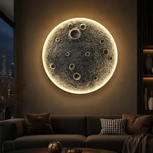 ARCH 48-Inch Realistic Resin Moon Wall Light Plug-In Dimmable LED Sconce with Remote Control, 45W Main & 20W Night Light, Meteorite Crater Texture, 1.75" Thick Wall-Mounted Decor for Living Room Bedroom Home Commercial Space, Gray Metal