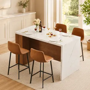 61"x31" Large Wood Top Kitchen Island Table, Whole Board Tabletop with Storage Space, Power Outlet, LED Lights, Easy Setup Modern Imitation Marble Counter Height Dining Table for 4, For Four