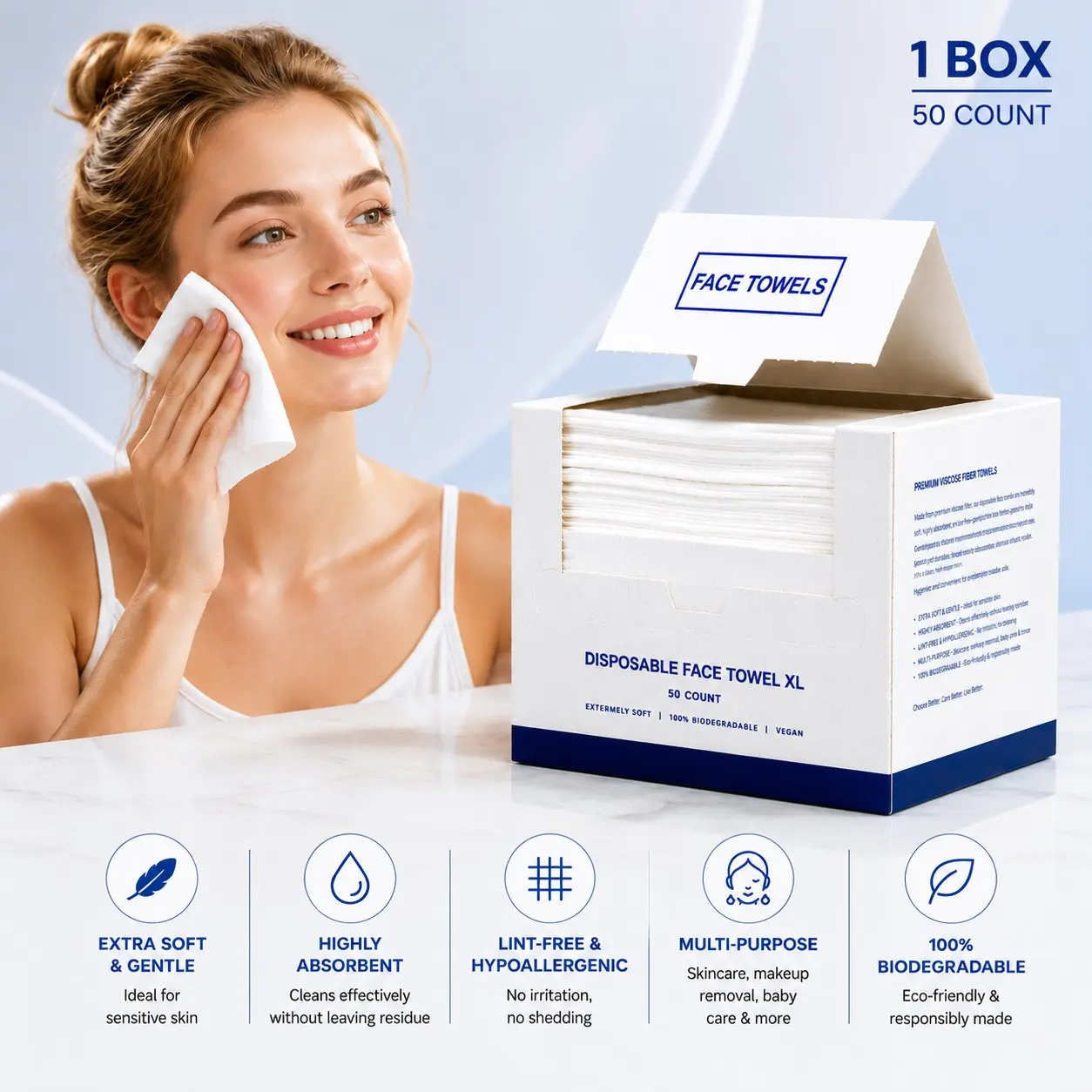 50 Pcs Disposable Facial Cleansing Face Towels, Ultra Soft Gentle Biodegradable, Ideal for Oily Acne Skin, Seniors & Kids Sensitive Skin Care, Face Cleaning Towel