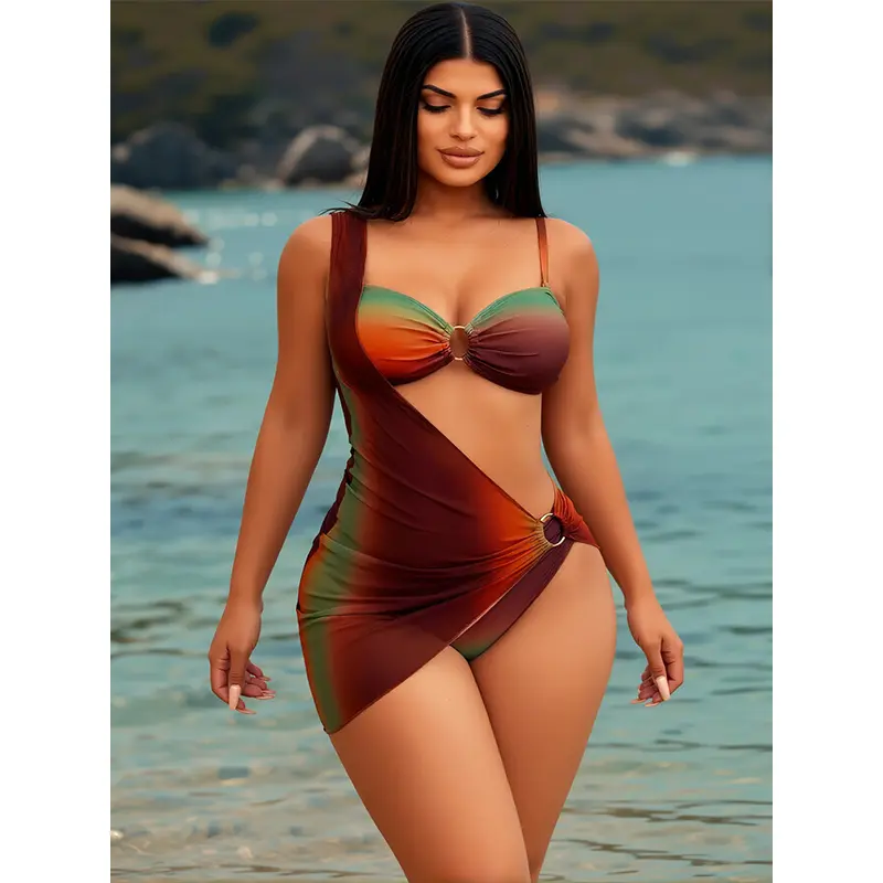 Women's Ombre Print Ring-Linked 3-Piece Bikini Set - Adjustable Strap Swim Top, Swim Bottom, Cover-Up Skirt - Color-Block Design for Beach Holiday Vacation (Sports & Outdoor Swimwear)