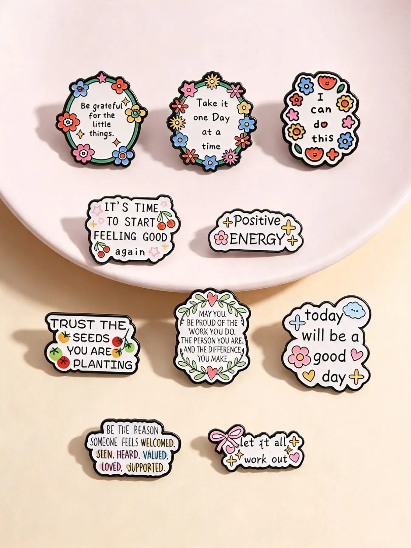 10pcs Positive Affirmation Quote Enamel Pin, Floral Wreath Motivational Text Badge, Fashion Accessory for Clothes and Backpacks, Encouragement Gifts for Friends