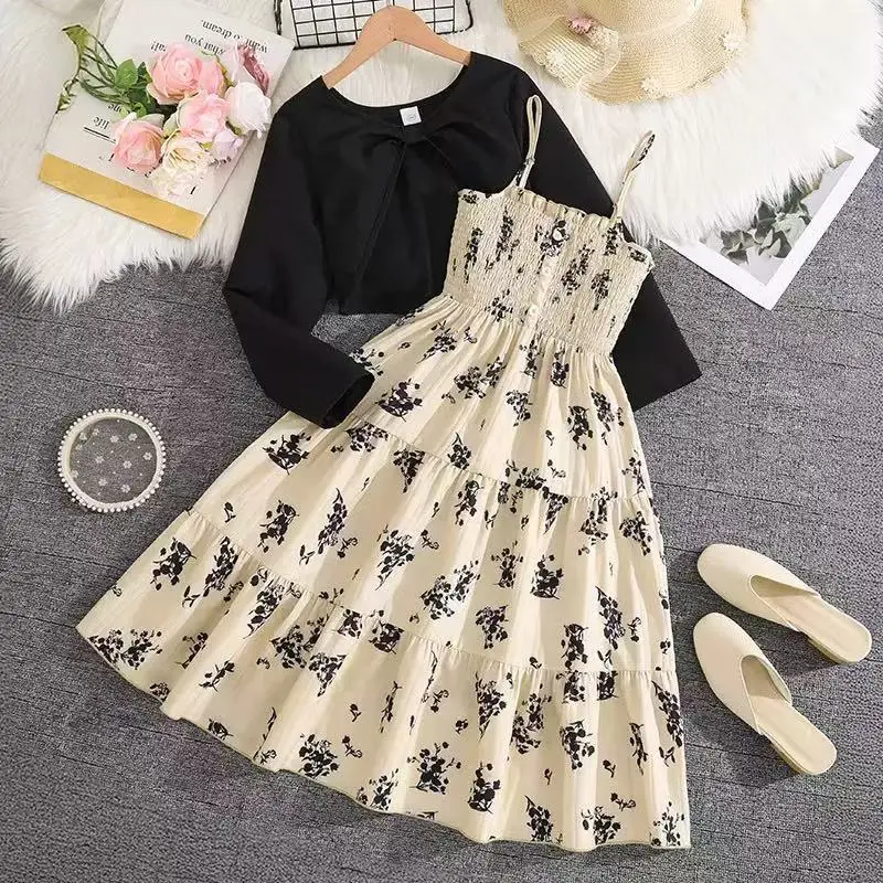 Girl's 2-Piece Polyester Blend Dress Set - Suspender Dress + Regular Sleeve Jacket, Solid Print, Sweet Look, Ideal for Birthday Party Outfits & Daily Outings