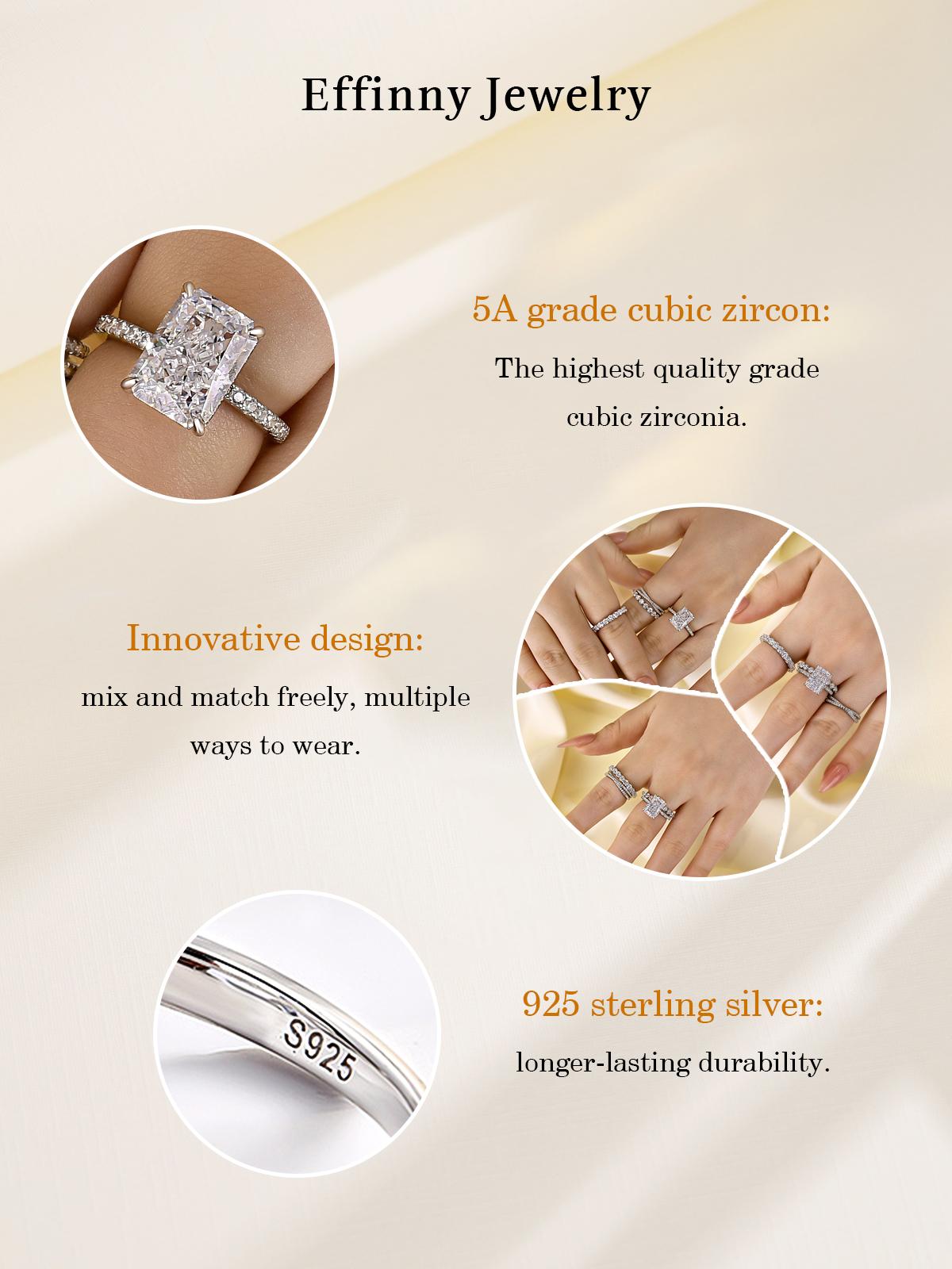 Effinny 14K Gold Plated Non-Tarnish 4.0ct Radiant Cut 4PCS Stackable Rings, Female Wedding Promise Jewelry for Anniversary, Bridal Must-Have