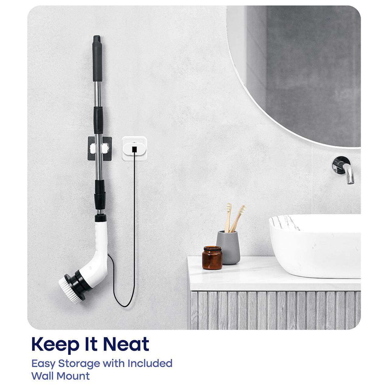 Cordless Electric Spin Scrubber - Shower Floor Scrubber Cleaning Tool with 8 Replaceable Brush Heads, 3-Length Extendable Handle, Dual Speed, IPX7 Waterproof LED Display, Tools and Gadgets for Bathroom, Kitchen