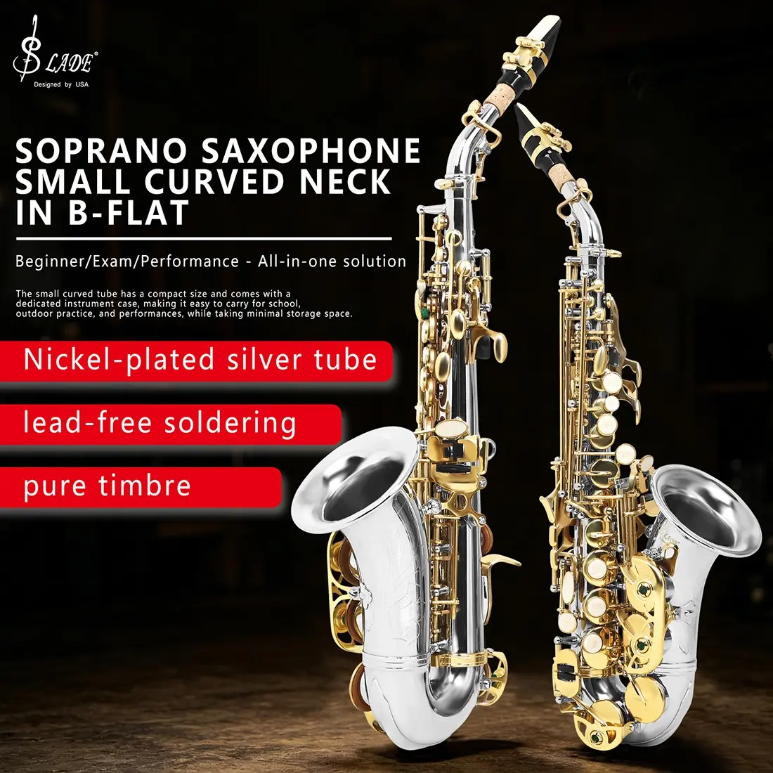 Slade High Bb Saxophone, Nickel-Plated Body, Keys, Shell Lugs, Includes Slade Cloth Case and Standard Accessories
