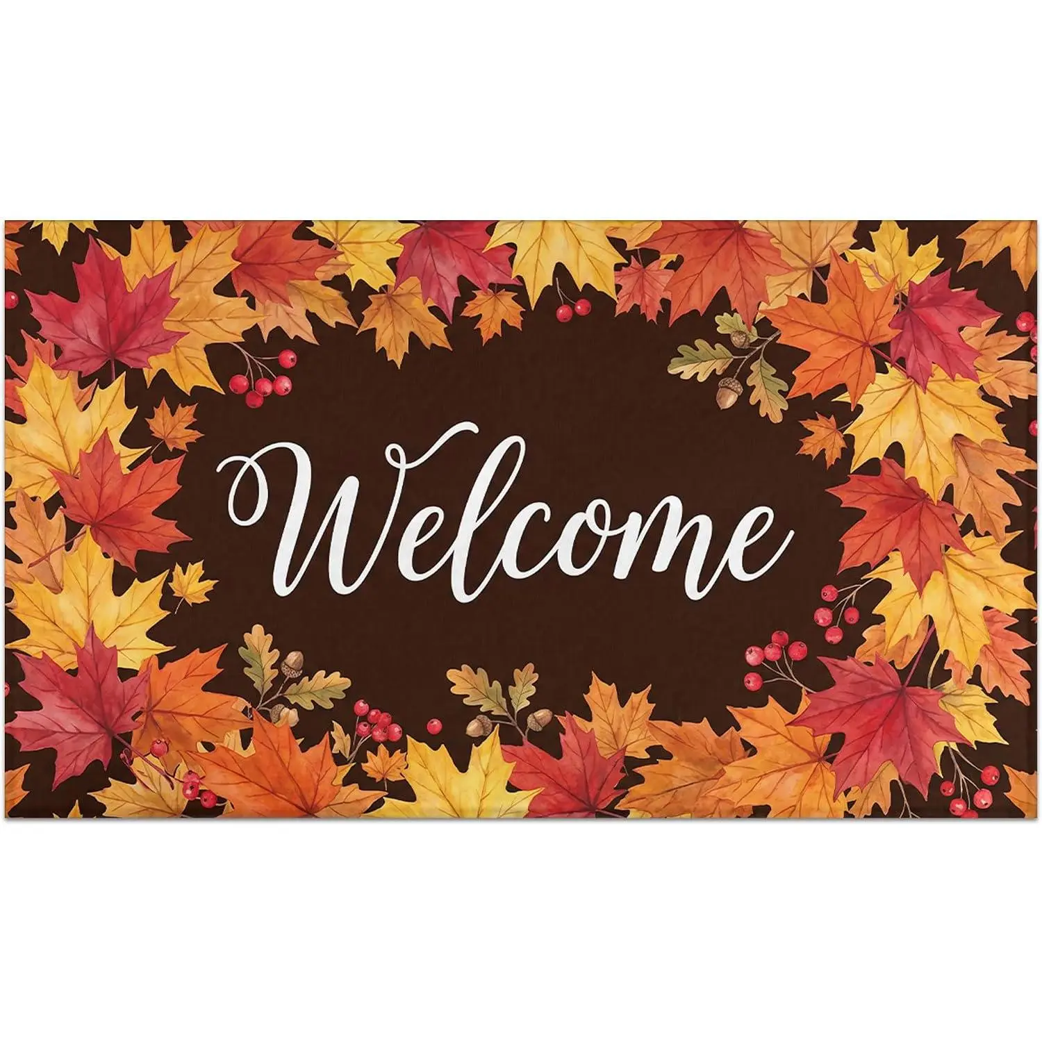 Fall Welcome Door Mat Outdoor, Autumn Leaves Mat Fall Rug Non-Slip Thanksgiving Doormat Low Profile for Home Indoor Outdoor Decor