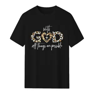 Leopard Print God Heart Cross With God All Things Are Possible Faith Quote Graphic T-Shirt, Crew Neck Short Sleeve Religious Christian Casual Tee Top