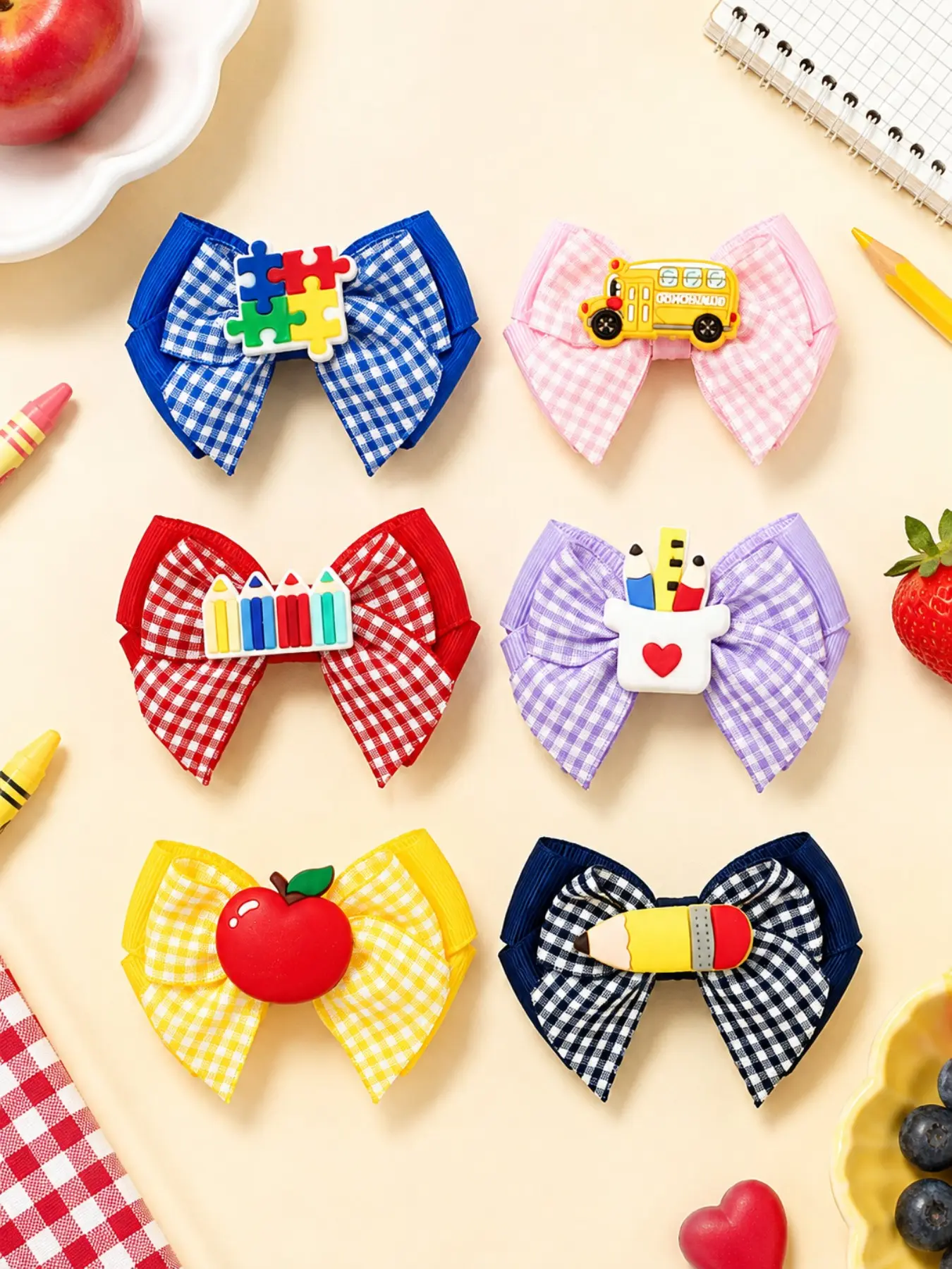 6PCS Back to School Hair Bows, School Theme Hair Clips Set, Barrettes, Apple Pencil Crayon School Bus Chalkboard Print, First Day of School Hair Accessories, Classroom Party Accessory, Wedding Season Accessory, Bridesmaid Gift, Holiday Gift
