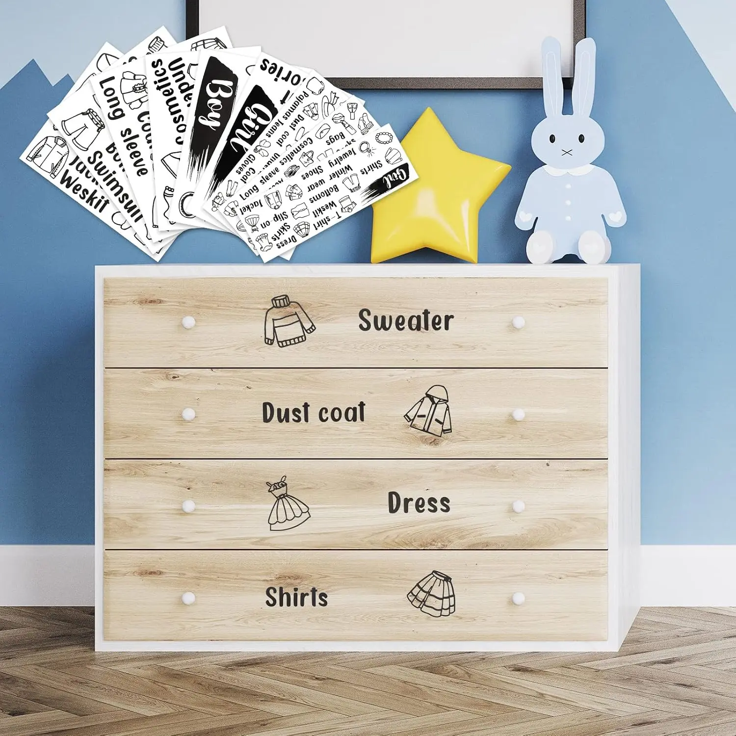 9-PVC Sticker Sheets, Multi-Size Variety Styles Removable Dresser Drawer Labels, Decorative Organizing Stickers for Bedroom Wardrobe Clothing Organization