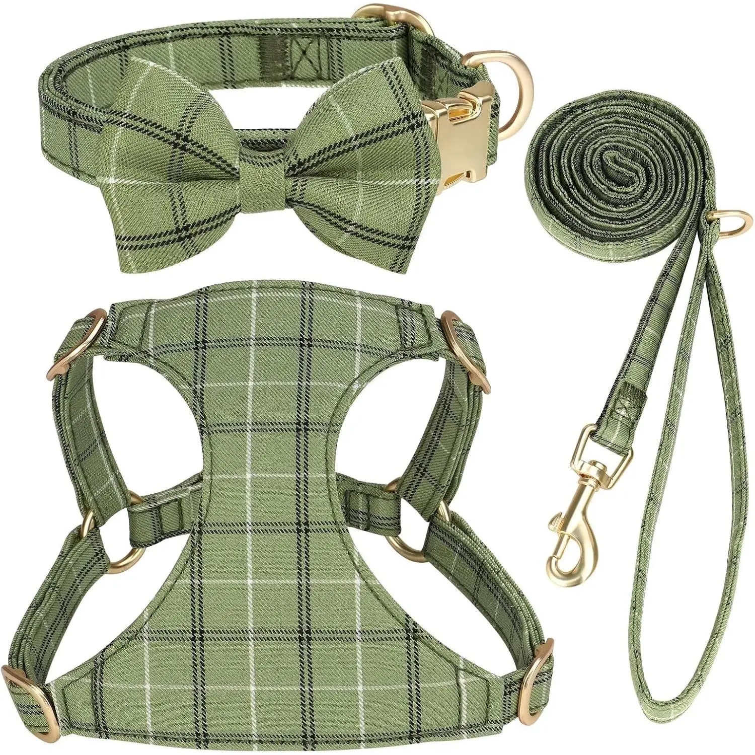 Small Dog & Cat Harness, Collar and Leash Set - Soft, Adjustable Plaid with Bowtie, Quick Release, Comfortable & Breathable, S/XXS Sizes (S: Chest 17-23in) for Christmas, Birthday, Wedding Walks, Photo Shoots