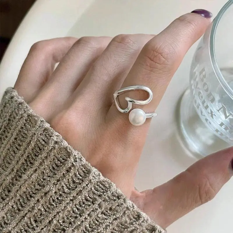 Sterling Silve Love Heart  Ring for Women Girl Gift Line Pearl Korean Sweet  Jewelry Birthday Gift Dropshipping