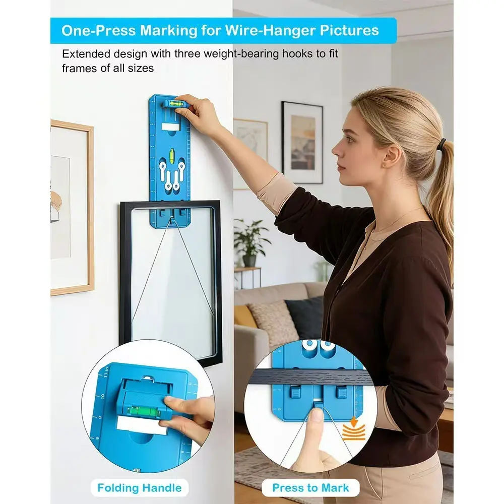 Picture Hanging Tool with Level, All-in-One Photo Frame Hanging Kit Marking Ruler for Sawtooth D-Ring Wire Picture Frames, ABS Picture Frame Hanger Measuring Template for Gallery Wall Layout Decor