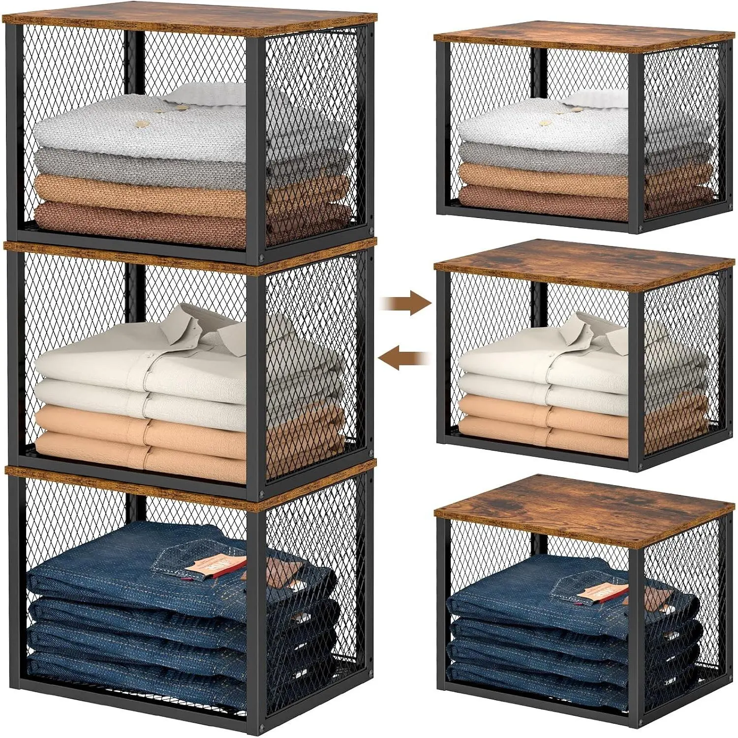 3 Pack Stackable Closet Organizers Storage Basket with Wood Top Multifunctional Clothes Organizer Bins Cube Storage Drawer for Wardrobe Kitchen Laundry Room Black