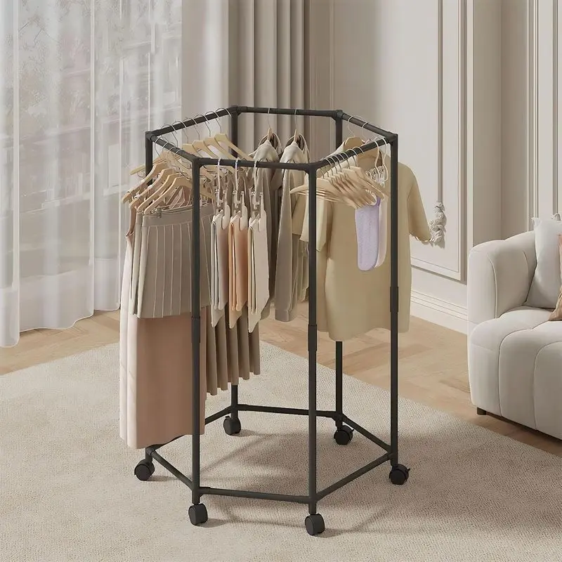 47" Rolling Clothes Rack with Wheels, Hexagonal Garment Rack for Hanging Clothes, Laundry Drying Rack & Bedroom Storage Organizer