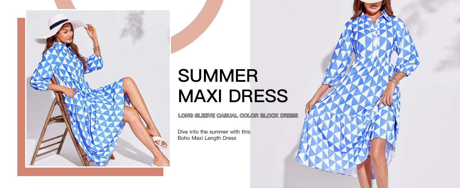 FMEYOA Womens Summer Boho Midi Dress Long Sleeve Casual Color Block Floral Beach Button Down Shirt Dress