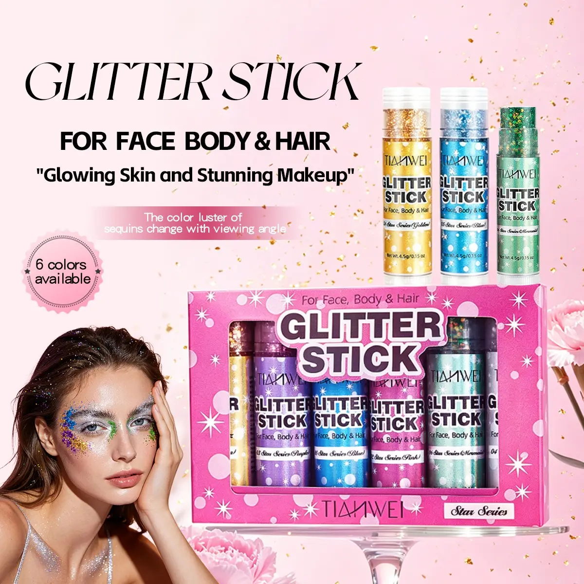 6 Colors Body & Face Glitter Stick Set, Sparkling Shimmer Glitter Makeup Cosmetic Accessories for Women and Kids, Portable Long Lasting Shiny Glitter Sticks for Singer Concert, Holiday Party, Carnival, Cosplay and Various Festival Occasions