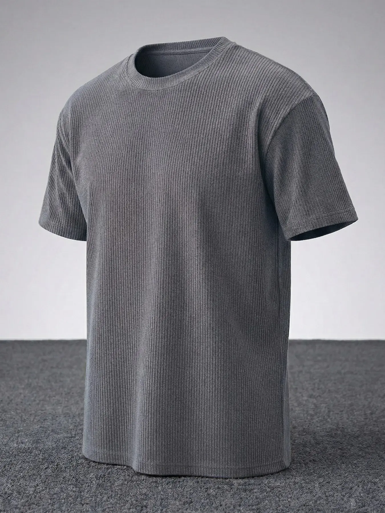 Men's Vertical Ribbed Knit Textured Short Sleeve T-Shirt, Round Neck Solid Color Stretch Top, Loose Fit Casual American Streetwear Classic Basic Tee