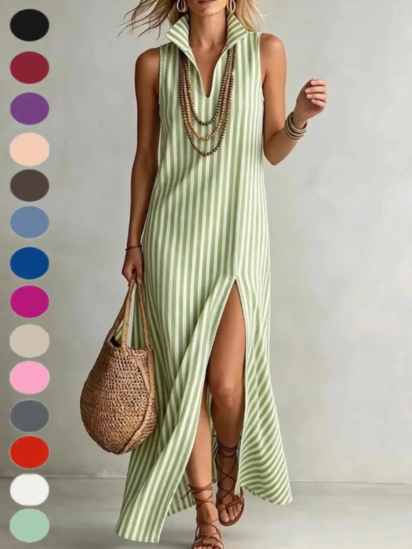 2026 Women's Striped Stand Collar Sleeveless Split Long Dress, Casual Elegant Fashionable Design, Perfect for Special Occasions