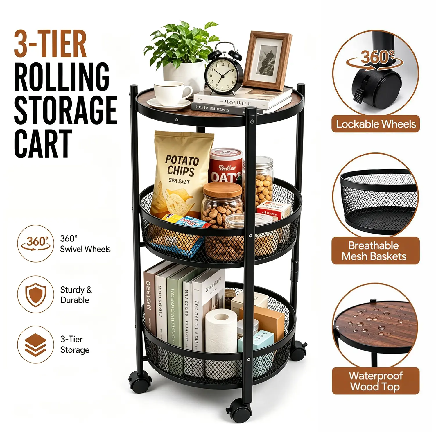 Matte Black Waterproof Metal 3-Tier Foldable Round Rolling Storage Cart, Mobile Rotating Organizer Shelf with Lockable Wheels, No-Assembly Rack for Kitchen, Bedroom