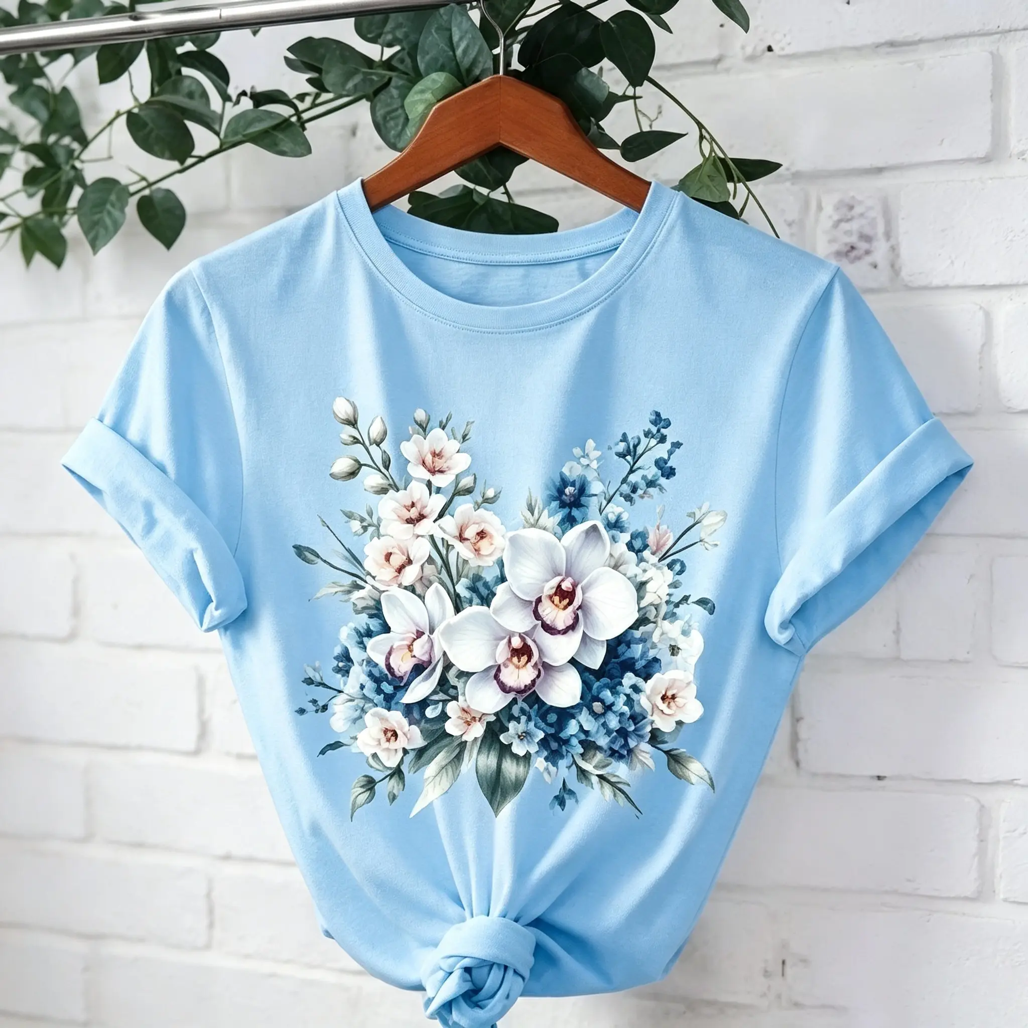 Soft Blue Orchid Floral Watercolor Graphic T-Shirt, Delicate Flower Cotton Oversized Comfort Outfit, Pastel Botanical Fashion Tee, Casual Crew Neck Light Blue Short Sleeve Top, Perfect Valentine’s Day & Holiday Gift For Flower Lovers