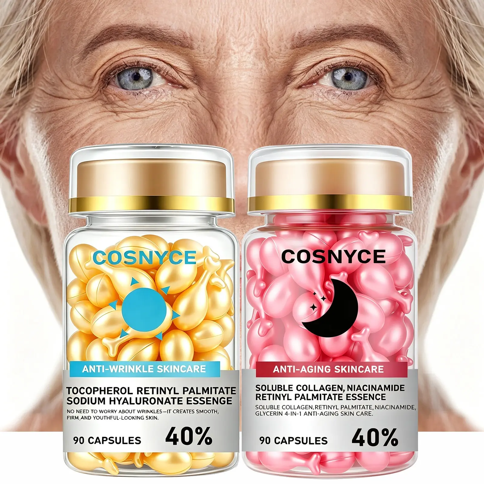 Cosnyce Skincare Set, 90pcsx90pcs Hyaluronic Acid & Collagen Capsules, Moisturizing & Firming, Quick Absorption