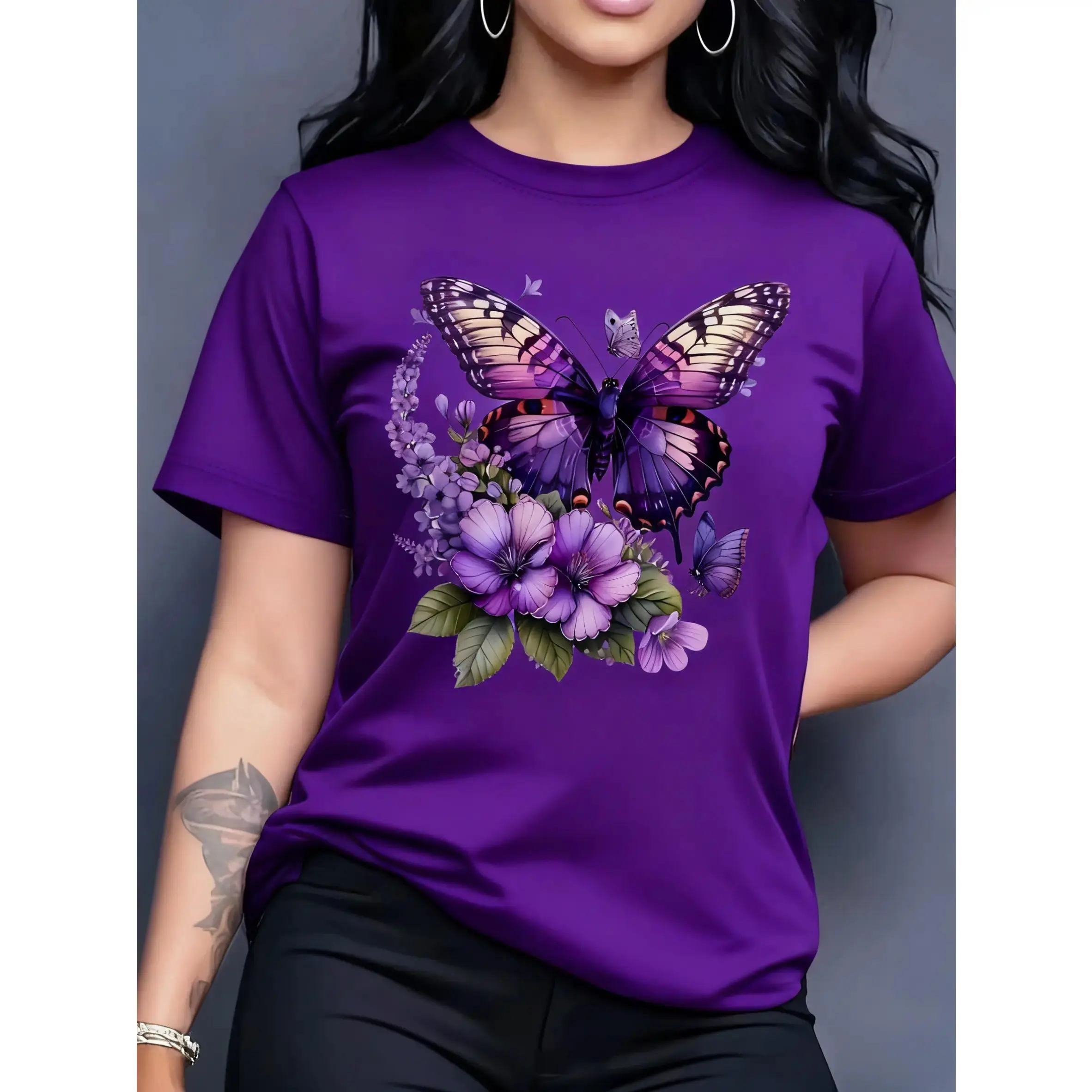 100% Cotton Women's Turquoise Blue Butterfly and Lilac Flower Print Short Sleeve Round Neck Casual Top