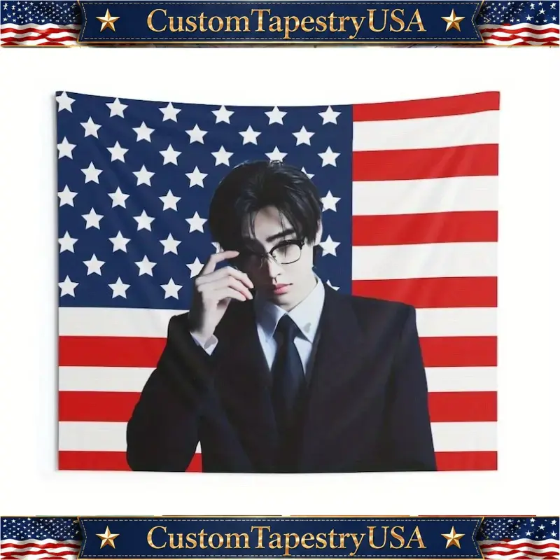 Sunghoon Suit Style American Tapestry, Durable Decorative Tapestry - Enha Kpop Concert Banner, World Tour Wall Decor, Peach Beige Fabric Home Decor, Patriotic Design, Durable Material, Fan Collectible, Exclusive for Event Organizers Home Decor