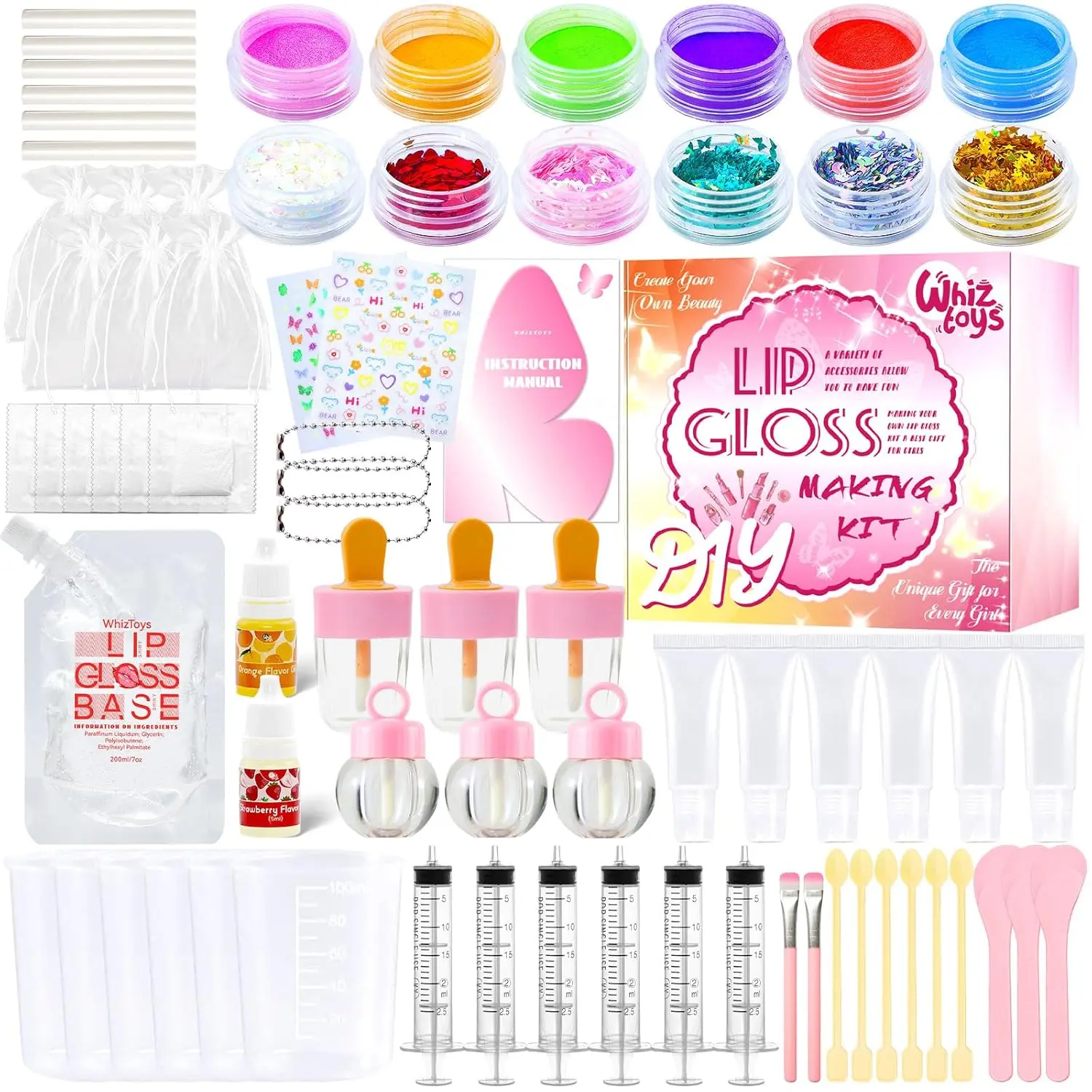 WhizToys 74PCS DIY Lip Gloss Making Kit,Make Your Own Lip Glosses Moisturizing DIY Lip Glaze Handmade Glittery Set for Teens Girls Women Makeup Lover Beginner Birthday Gift
