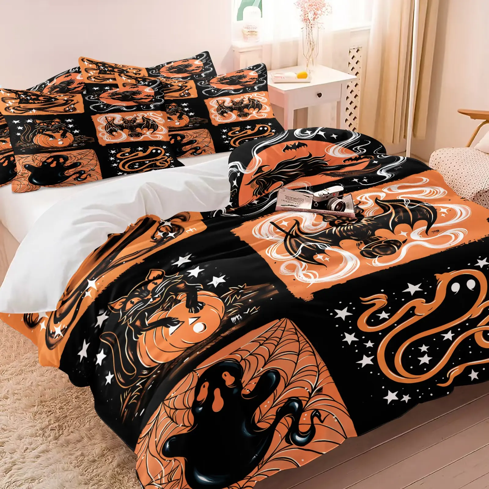 3PCS Black Orange Patchwork Halloween Duvet Cover Set (1 Duvet Cover + 1-2 Coreless Pillowcases), Witch Ghost Bat Black Cat Pumpkin Grid Print, Soft Comfy All Seasons Summer Vibes Printed Bedding Set,Ideal for Spooky Gothic Holiday Bedroom Dorm Decor
