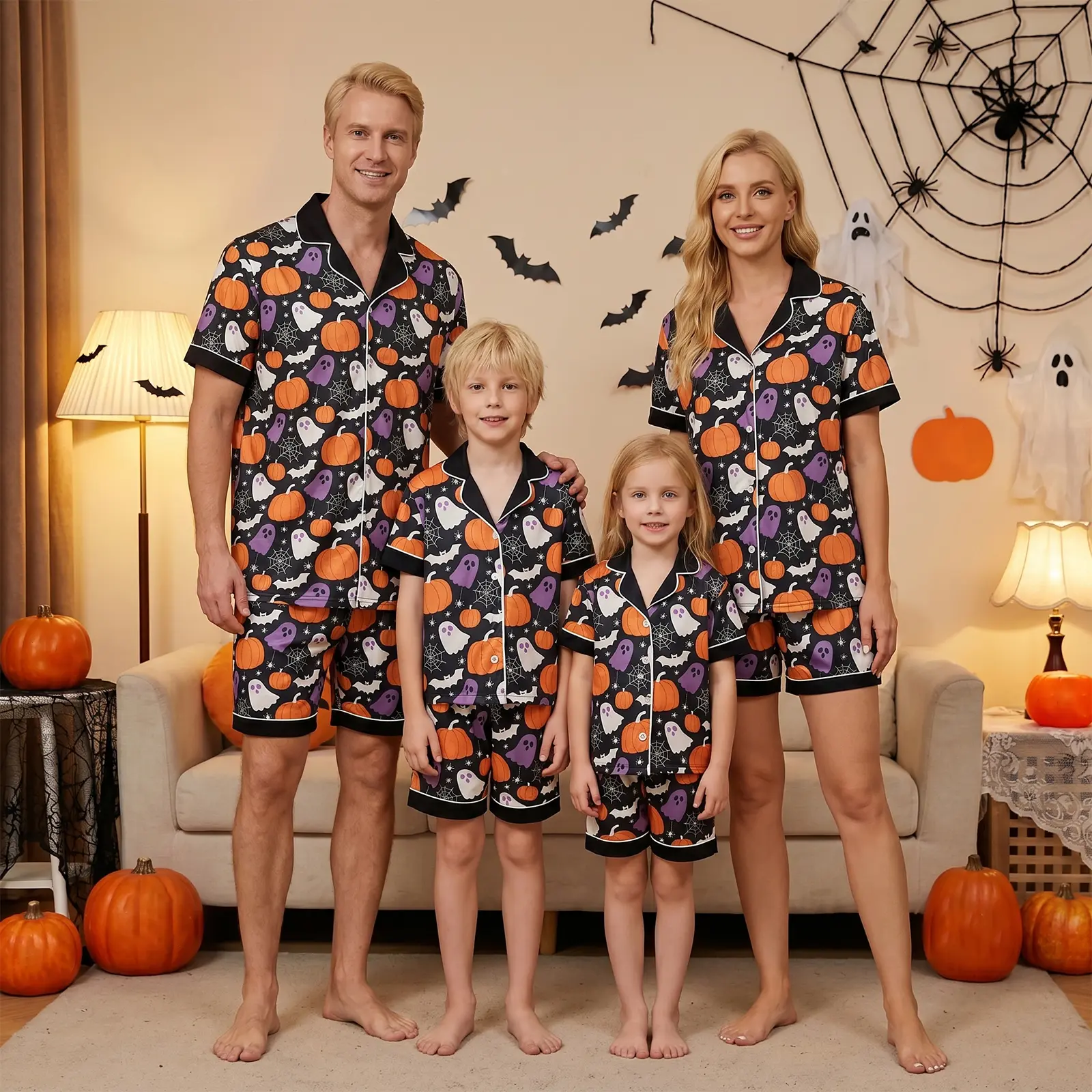 Babamoon Family Matching Halloween Casual Holiday Pajamas Set - Polyester Blend, Pumpkin Ghost Print, Short Sleeve Tops & Shorts 2-Piece Lounge Sleepwear Matching Set