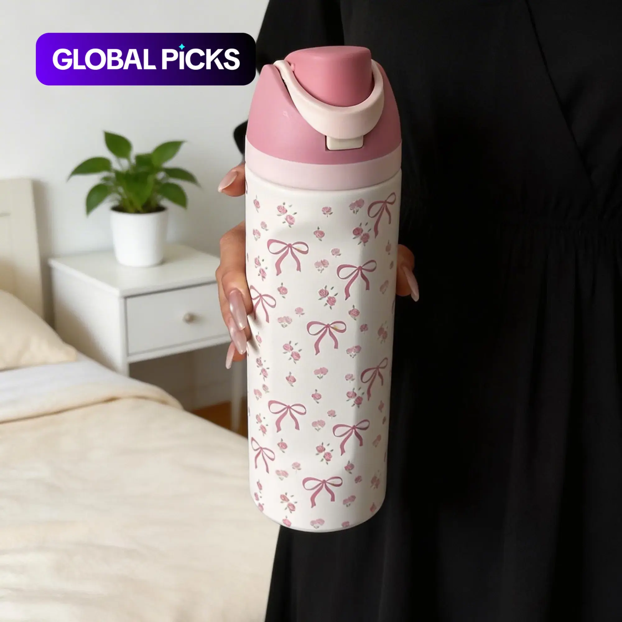 Rose & Bow Pattern Stainless Steel Insulated Cup, 24oz/32oz/40oz, Double-Wall Cold Retention, Includes Straw, Travel Mug, Outdoor Sports Tumbler