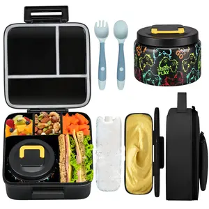 Plastic Lunch Box Set, Bento Box, Includes 8oz Soup Bowl, Ice Cube Tray, Fork Spoon, Insulated Bag, Perfect for School Use