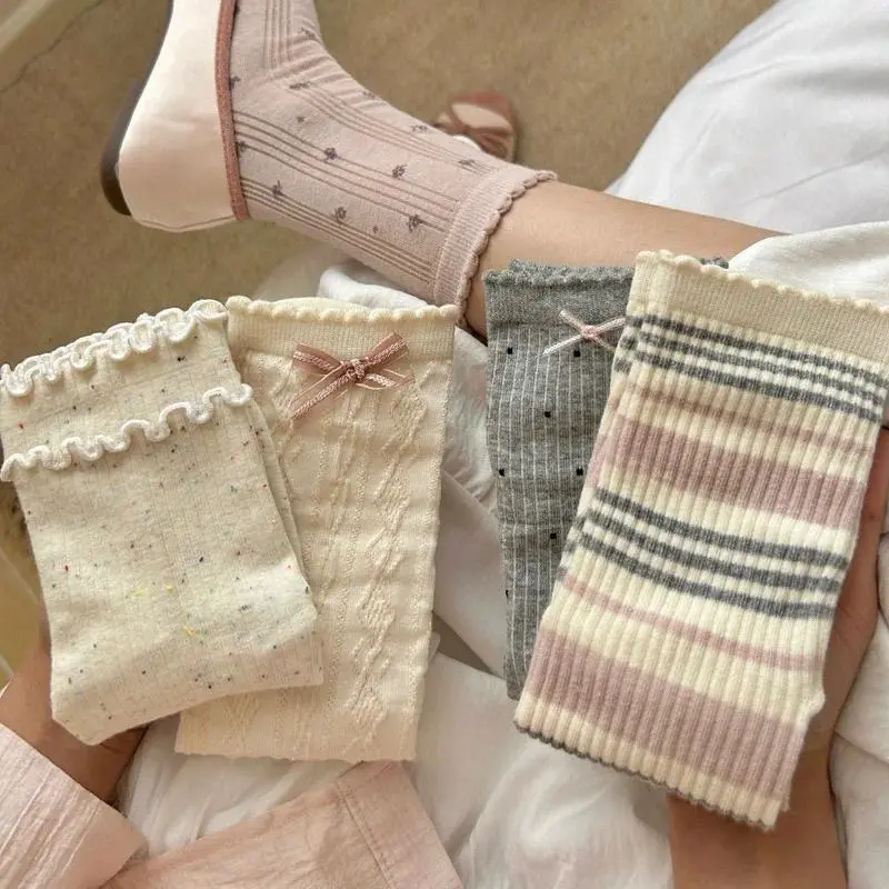Women's Colorful Mid-Calf Socks, 4 Pairs Korean-Style Lolita with Flower Edge & Bow, Breathable Synthetic Knit for All Seasons, Jk Lolita, Mix, Mix Colors, Korean Lolita