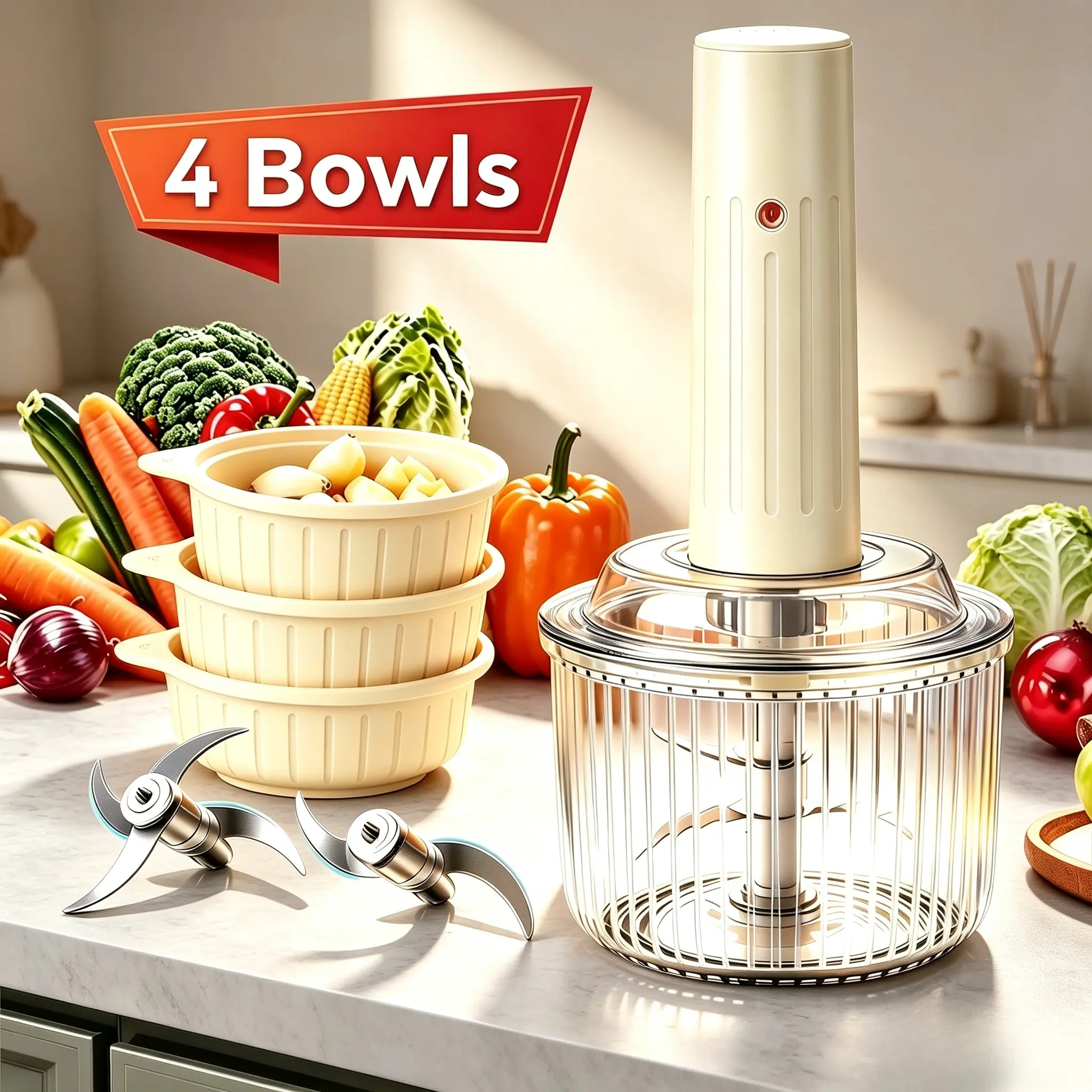 4 Bowls Of Dual Blade Multifunctional Food Processor, Wireless Portable Rechargeable MeatGrinder, Mini Electric Garlic Blender, Garlic Vegetable Mixer, Suitable For Various Foods Such As Meat And Garlic, Meeting The Diverse Needs Of The Kitchen