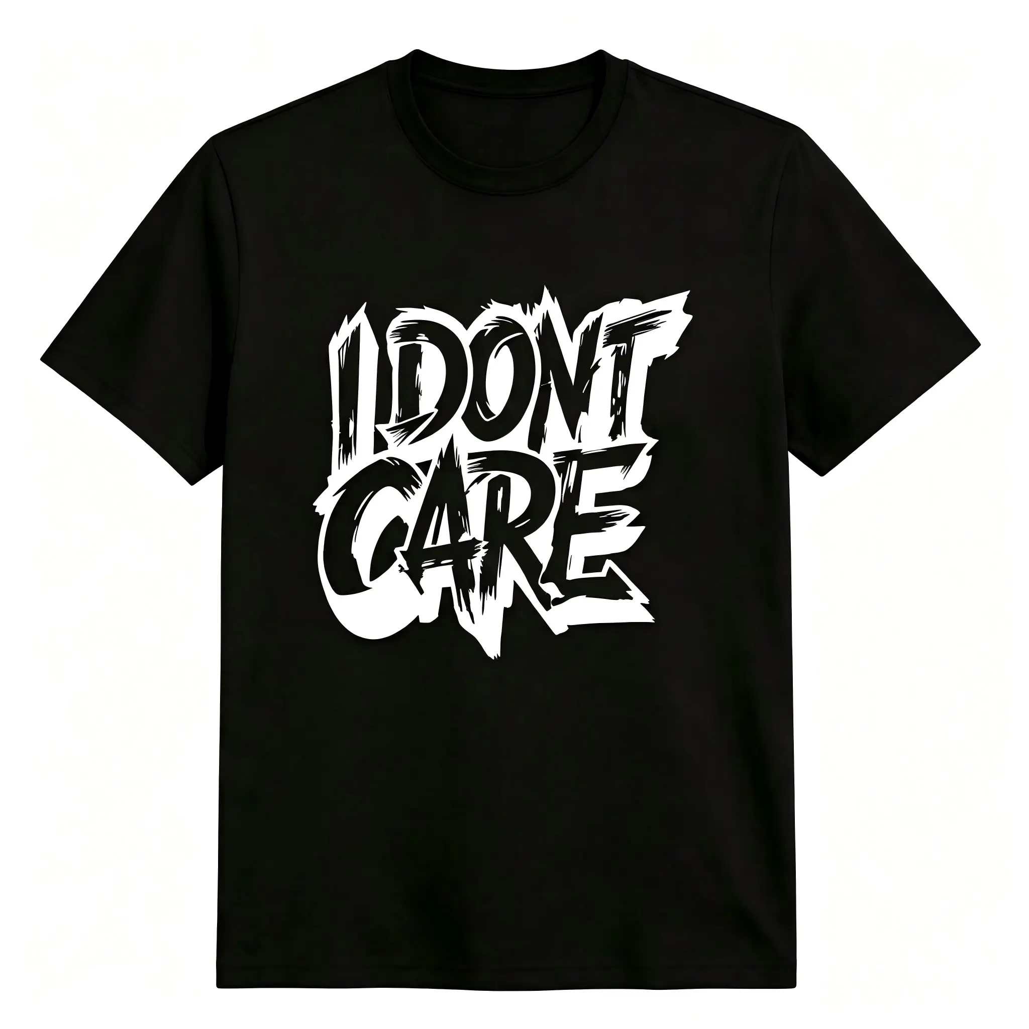 "I Don't Care" Sharp Brush Stroke Graffiti Text Unisex T-Shirt for Men & Women - Edgy Streetwear Black White Minimal Graphic, Soft Breathable Cotton Crew Neck, All-Season Tee, Great for Daily Wear, Machine Washable