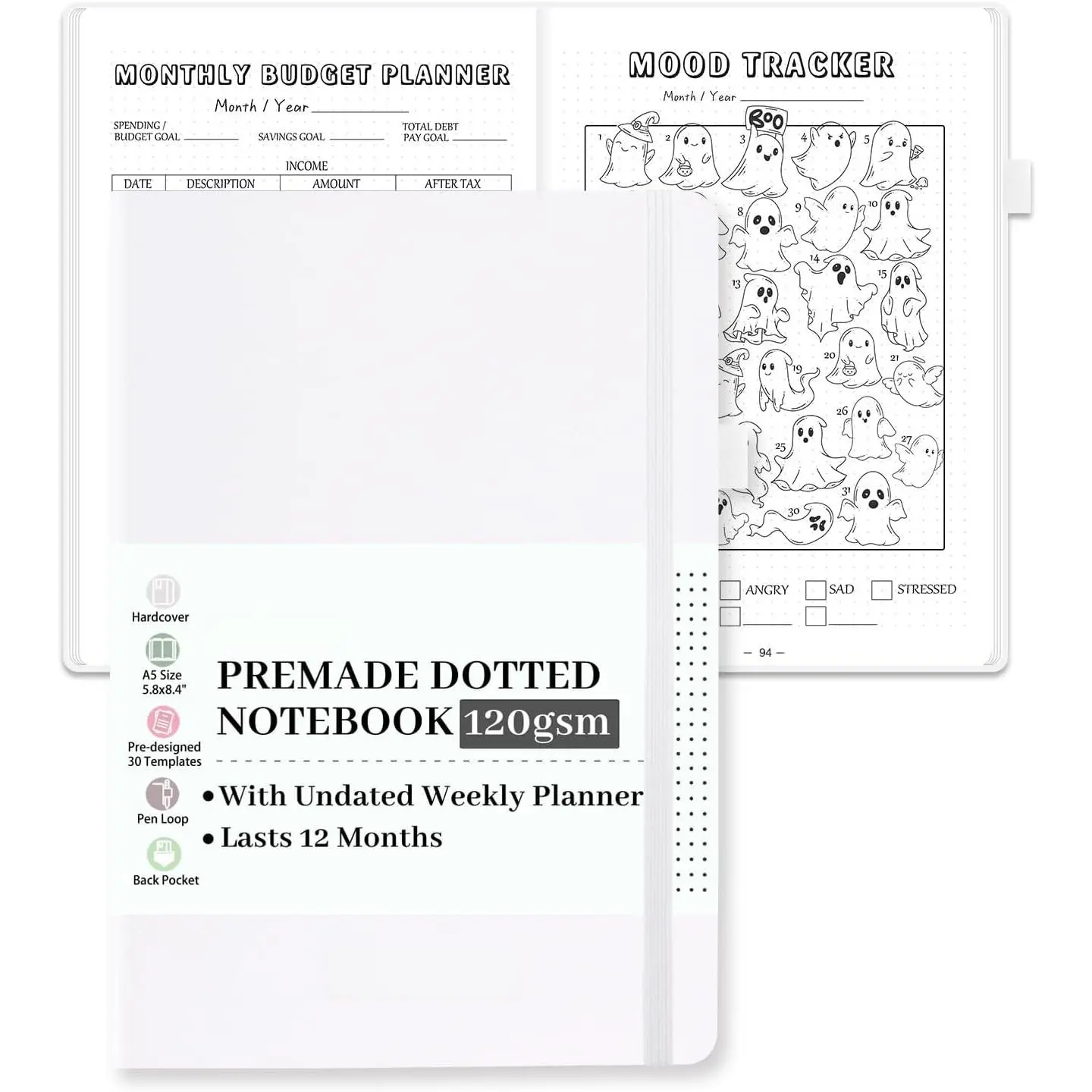 Premade Dotted Journal Notebook, Pre-made Dot Grid Notebook with Undated Weekly & Monthly Planner, ,  Templates - 12 Months Organization, 237 Numbered Pages A5 Hardcover Leather
