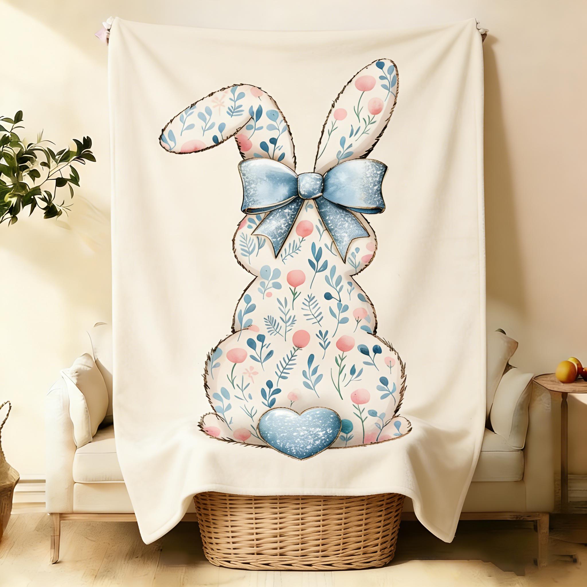 2026 New Flannel cartoon style Easter Bunny Butt Blanket with Blue Bow, Aesthetic Floral Rabbit Flannel Blanket, Warm Cozy Home Decor for Spring Applies to Super soft  decorative sofa/sofa/bedroom