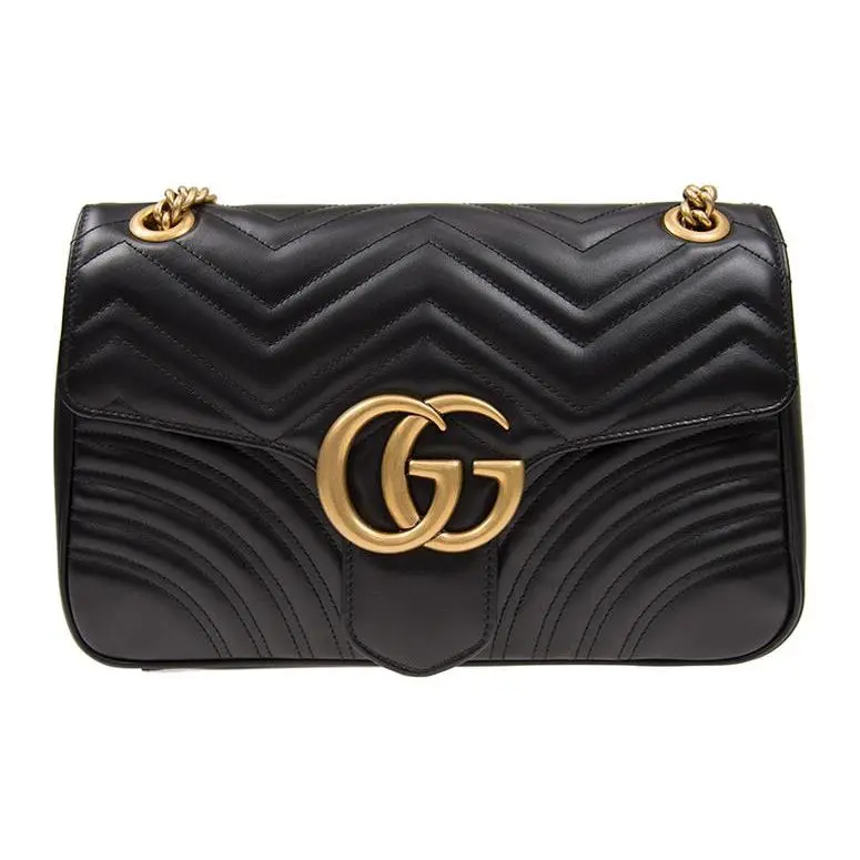 Gucci GG Marmont Aged Gold Logo Quilted Leather Crossbody Shoulder Bag for Women, Medium Size, Black